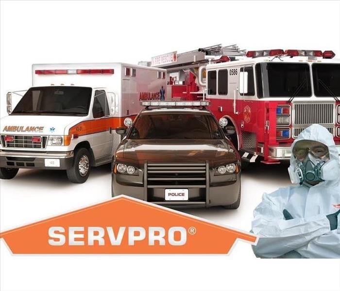 A SERVPRO graphic with first responder vehicles and a SERVPRO technician.