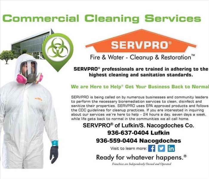 A SERVPRO graphic about commercial clean with a man in a ti-vex suit.