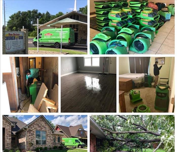 A photo collage of various SERVPRO employees and equipment on a job site.