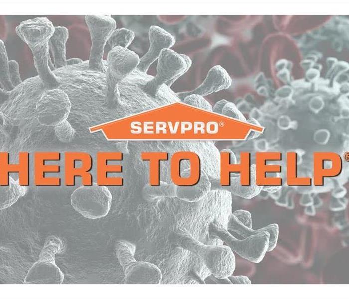 An up close image of the COVID-19 virus with the SERVPRO hat and words here to help in front.